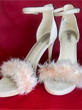 Forever 21 Blush Pink Feather Trim Ankle-Strap Heels